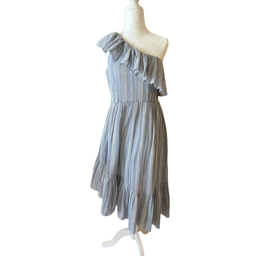 LoveShackFancy Pamela Dress Size M Blue Silver Ruffle Asymmetrical Boho
